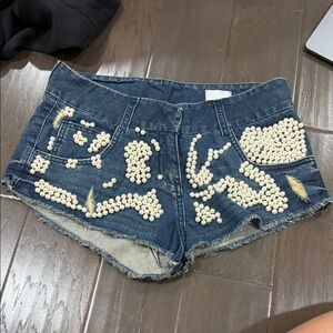 Anama Blue Pearl-Studded Jean Shorts